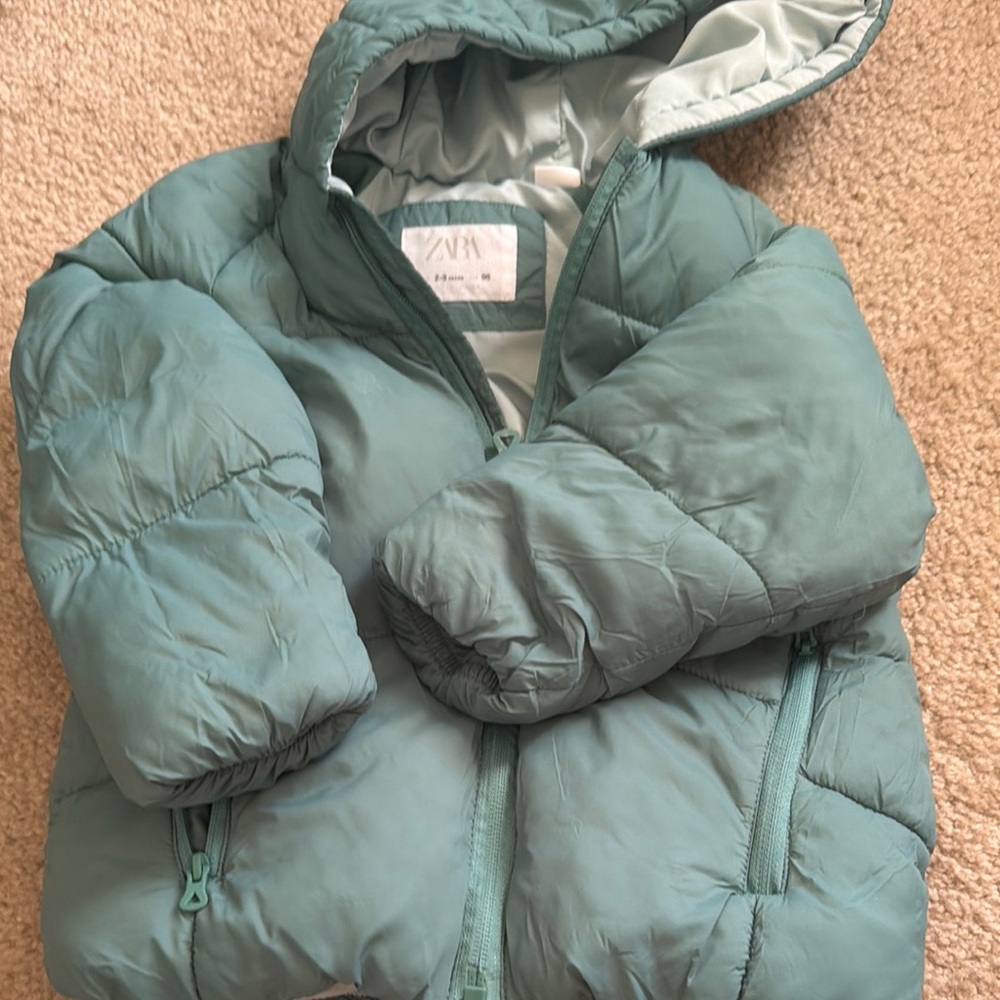 Zara Light Teal Puffer Jacket with Hood